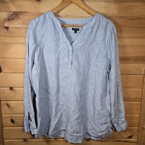 Talbots Pullover Linen Top Blue White Striped Womens XL Roll Tab Sleeve Coastal